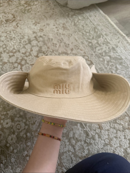 None Accessories - Miu Miu Cream Wide-Brim Sun Hat with Embroidered Logo